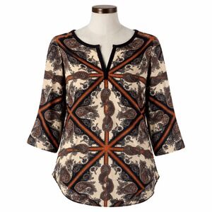 Glam Womens M V-Neck Split Neck Blouse Paisley Geometric Multicolor Boho USA